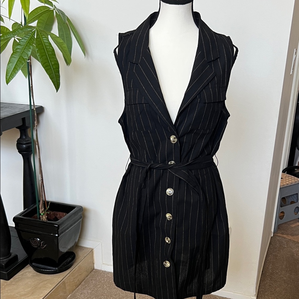 Black Pinstripe Sleeveless Dress with Belt